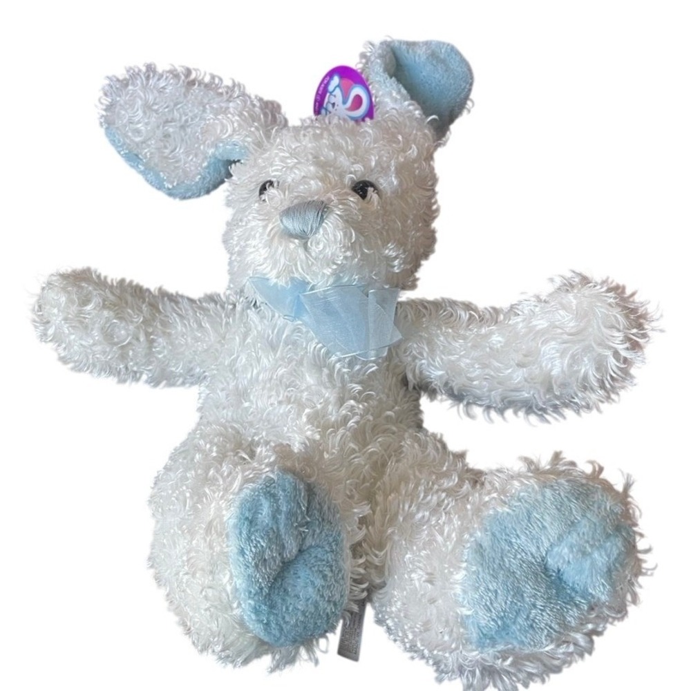 Dan Dee Collector's Choice Plush Bunny White Blue Curly Fur Organza Bow NWT